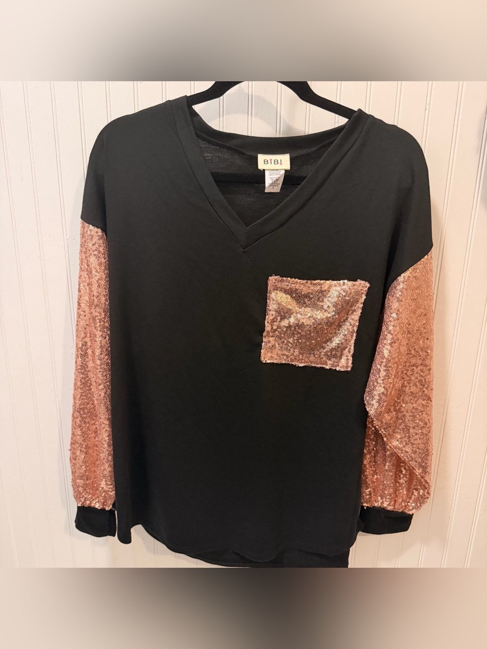 BiBi Black Top with Rose Gold Sequin Sleeves & Pocket Small NWOT